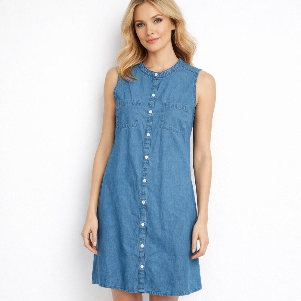 GAP Denim Button Front Dress Petite‎ S Chambray Sleeveless Cottagecore NWT